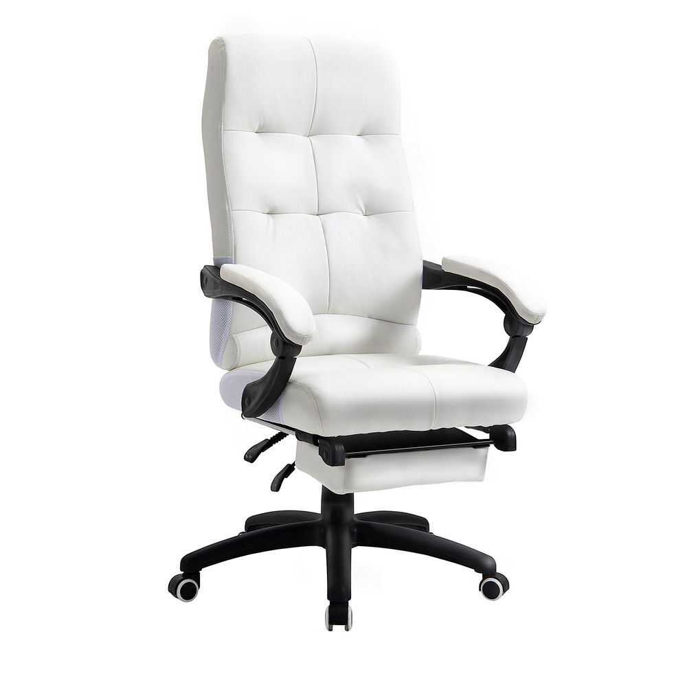 Vinsetto cadeira de escritório ergonómica giratória cadeira de escritório reclinável estofada em pu com altura ajustável apoio para os braços e apoio para os pés 65x65x118-125 cm blanc