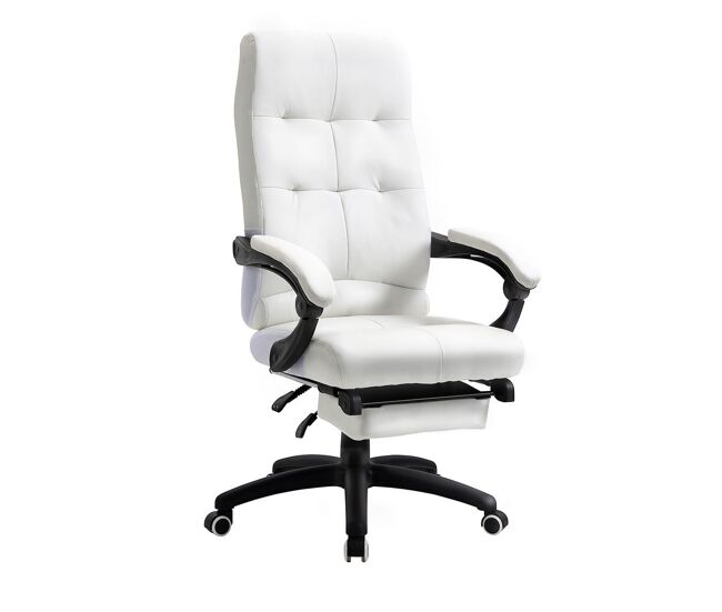 Vinsetto cadeira de escritório ergonómica giratória cadeira de escritório reclinável estofada em pu com altura ajustável apoio para os braços e apoio para os pés 65x65x118-125 cm blanc