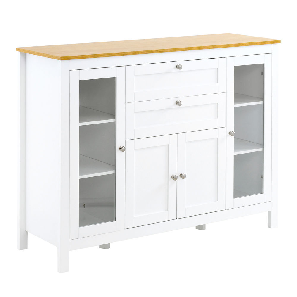 Homcom aparador de cozinha com armário 2 gavetas 2 portas de vidro e étagères ajustáveis móvel auxiliar de armazenamento para sala de jantar sala de estar 120x40x90cm blanc