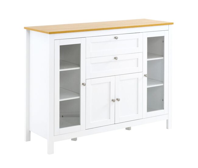 Homcom aparador de cozinha com armário 2 gavetas 2 portas de vidro e étagères ajustáveis móvel auxiliar de armazenamento para sala de jantar sala de estar 120x40x90cm blanc