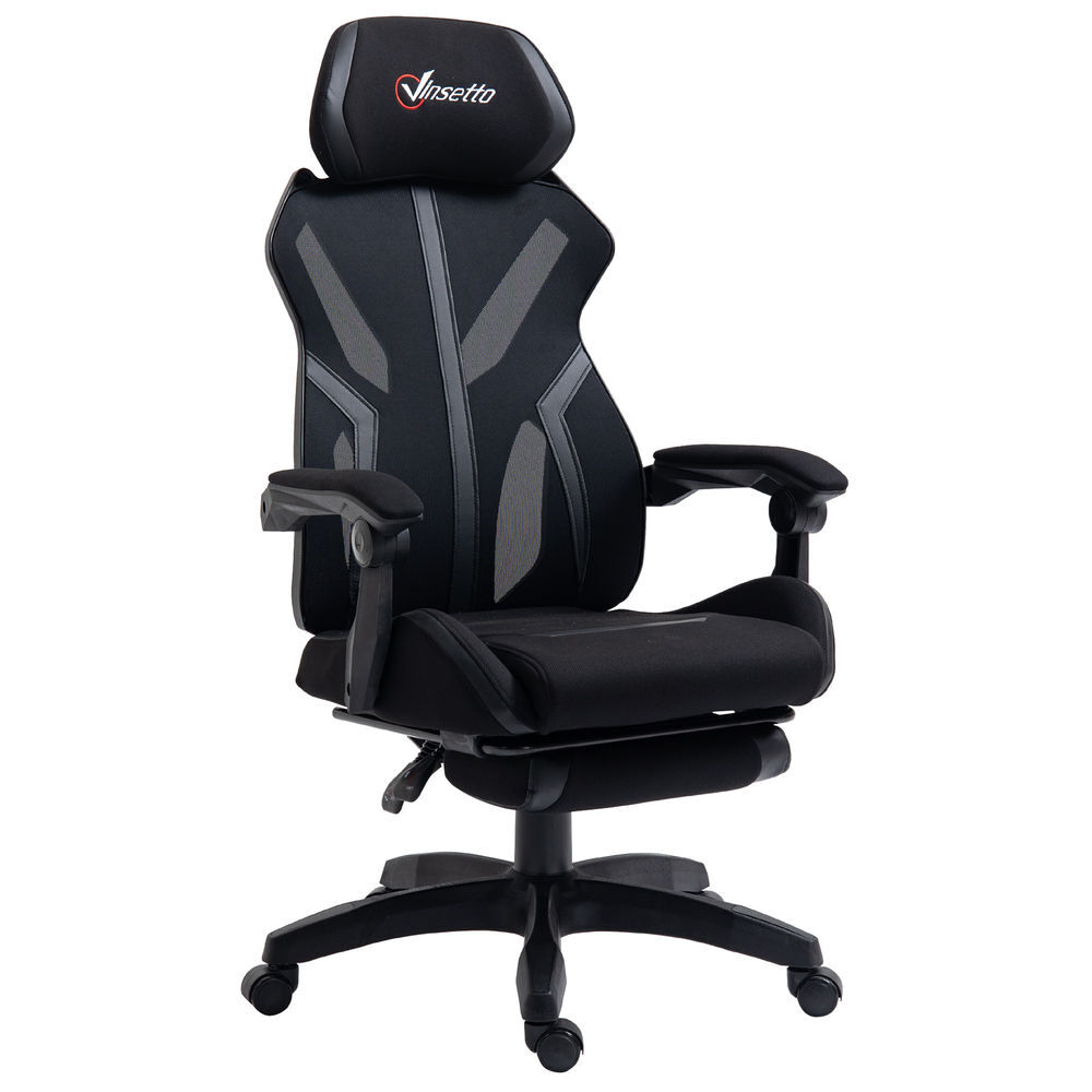 Vinsetto cadeira de gaming com apoio para os pés retrátil cadeira de escritório reclinável com apoio para a cabeça e altura ajustável 65x65x119-129cm noir