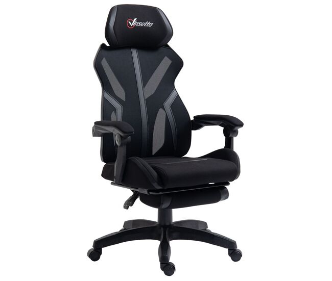 Vinsetto cadeira de gaming com apoio para os pés retrátil cadeira de escritório reclinável com apoio para a cabeça e altura ajustável 65x65x119-129cm noir