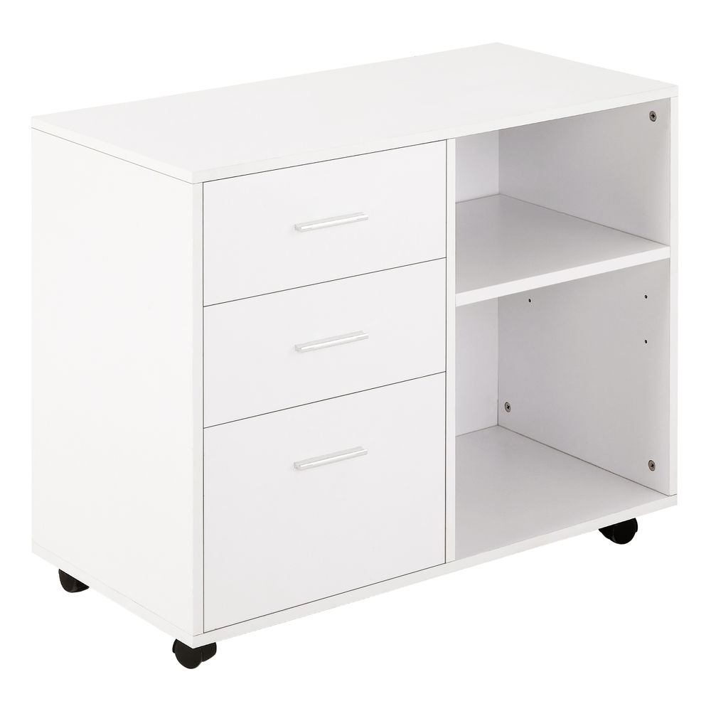 Homcom armário de escritório para impressora multifuncional com 3 gavetas prateleira ajustável e rodas 80x40x65cm branco