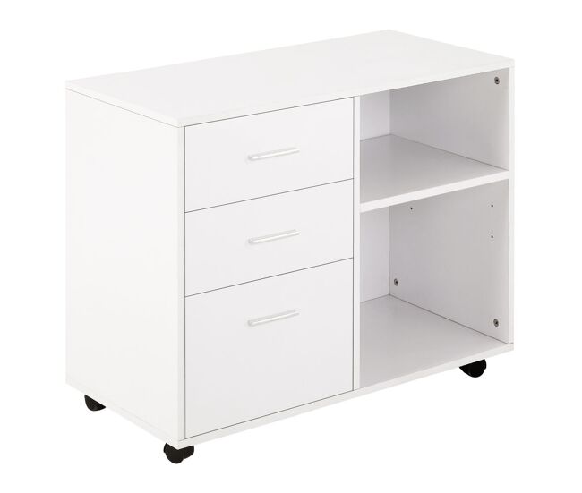 Homcom armário de escritório para impressora multifuncional com 3 gavetas prateleira ajustável e rodas 80x40x65cm branco