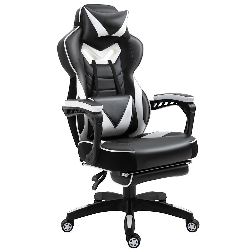 Vinsetto cadeira de escritorio gaming ergonômica altura ajustável reclinável encosto com apoio para pés encosto de cabeça almofada lombar rodas 65x70x118,5-126,5 cm blanc e noir