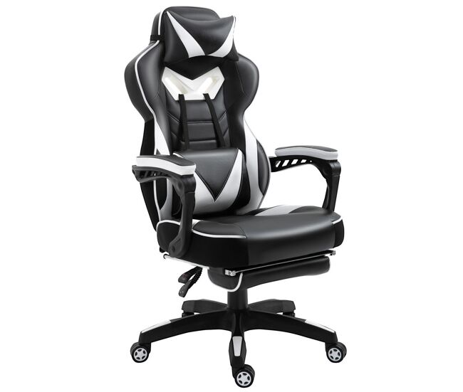 Vinsetto cadeira de escritorio gaming ergonômica altura ajustável reclinável encosto com apoio para pés encosto de cabeça almofada lombar rodas 65x70x118,5-126,5 cm blanc e noir