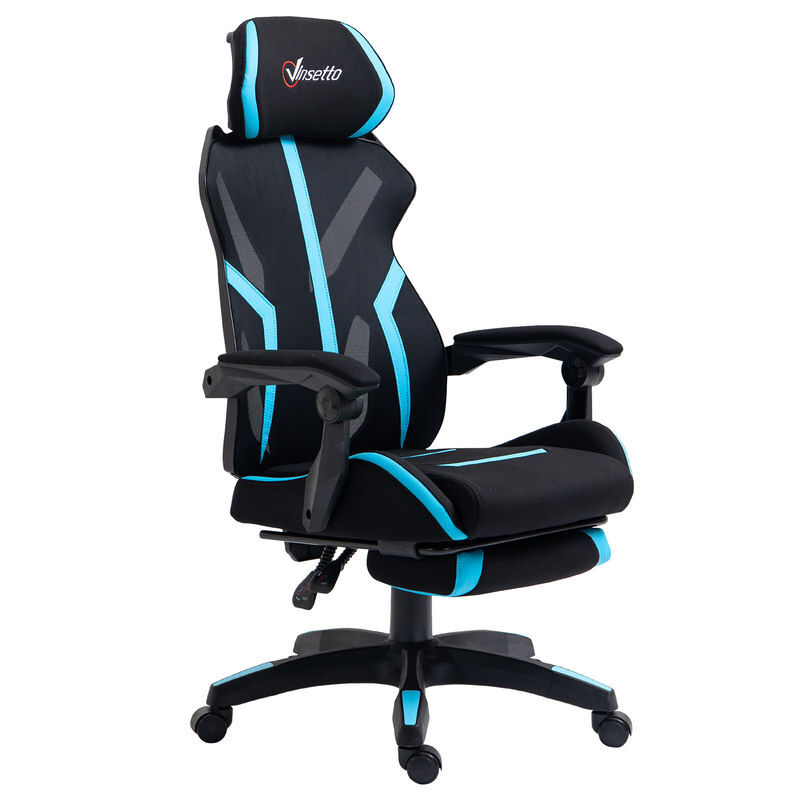 Vinsetto cadeira de gaming com apoio para os pés retrátil cadeira de escritório reclinável com apoio para a cabeça e altura ajustável 65x65x119-129cm noir e bleu