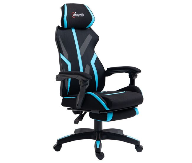 Vinsetto cadeira de gaming com apoio para os pés retrátil cadeira de escritório reclinável com apoio para a cabeça e altura ajustável 65x65x119-129cm noir e bleu