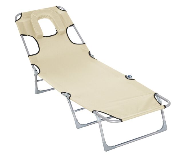 Outsunny espreguiçadeira de jardim reclinável e dobrável com orifício de leitura apoio para cabeça e encosto ajustável em 4 níveis para praia