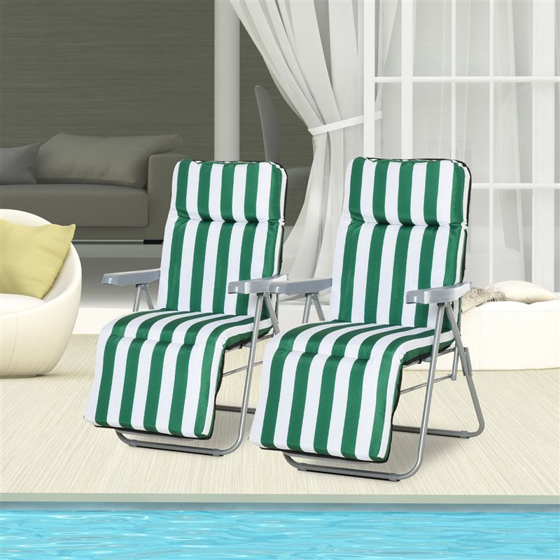 Outsunny conjunto de 2 espreguiçadeiras dobráveis de jardim exterior com almofada acolchoada, encosto ajustável em 5 posições, apoio para pés e estrutura de aço, 60x75x65-102 cm, riscas verdes