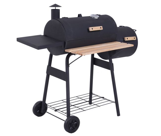 Outsunny barbecue a carvão 2 em 1 defumador e grelha barbecue com termómetro rodas e prateleiras para ar livre campismo exterior 124x53x104cm preto