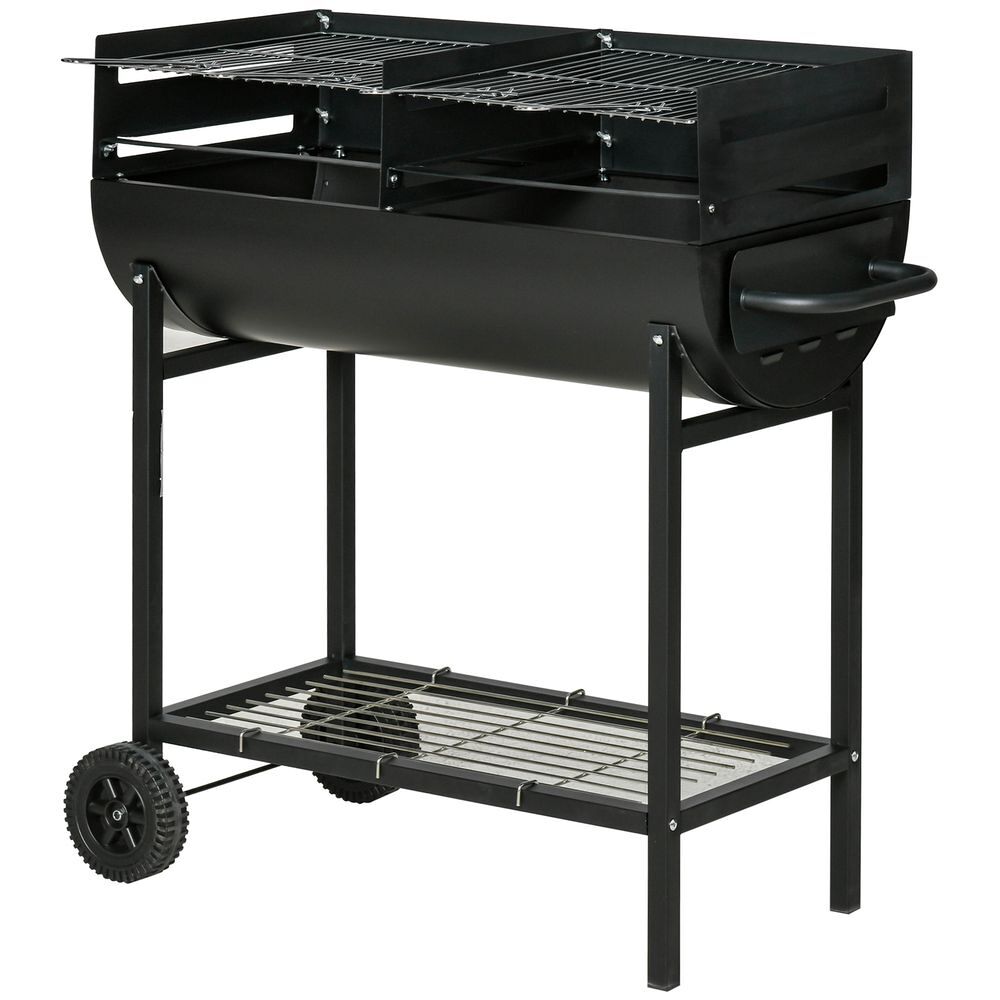 Outsunny barbecue a carvão com grelha ajustável em altura para exterior barbecue portable com étagère de armazenamento e rodas 90x45x96 cm noir