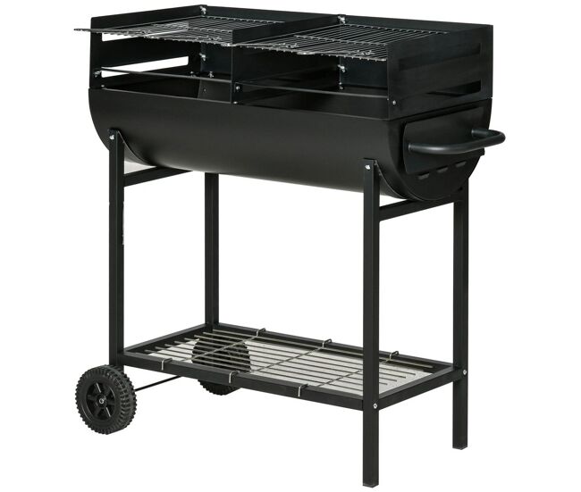 Outsunny barbecue a carvão com grelha ajustável em altura para exterior barbecue portable com étagère de armazenamento e rodas 90x45x96 cm noir