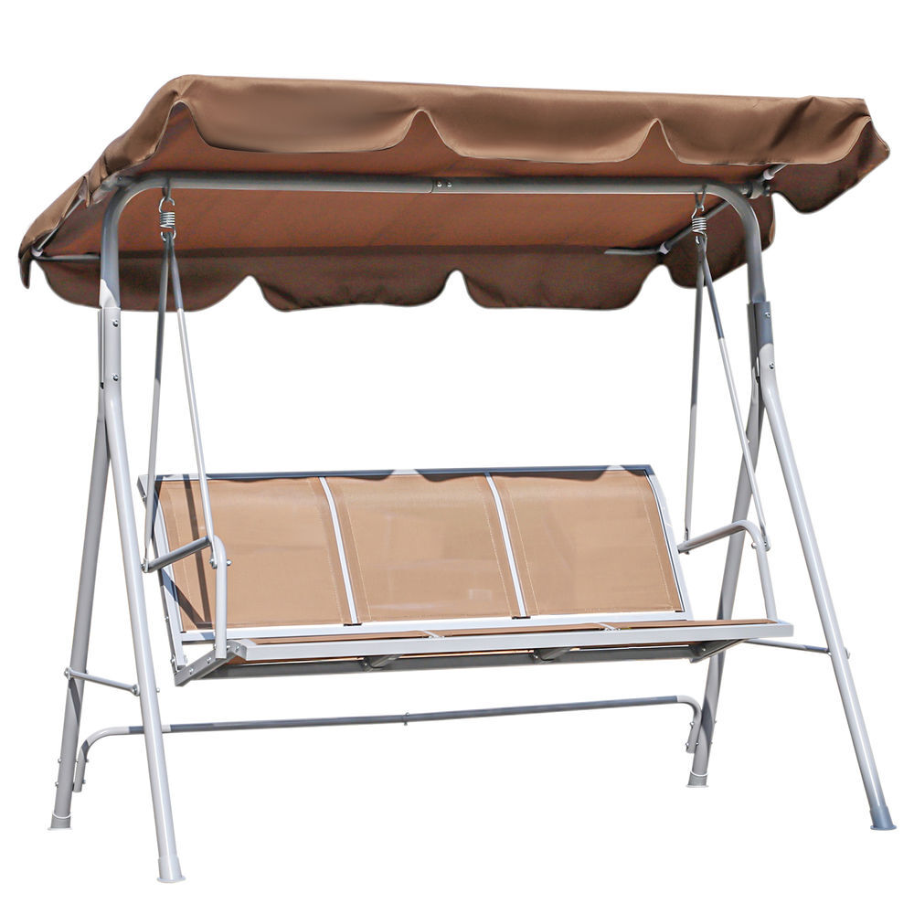Outsunny baloiço de jardim exterior de 3 lugares com toldo ajustável, encosto respirável e estrutura de metal para terraço e varanda, suporta até 240