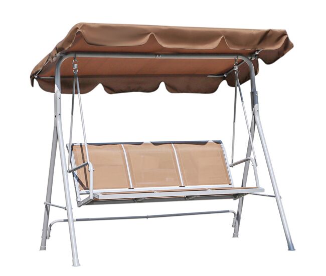 Outsunny baloiço de jardim exterior de 3 lugares com toldo ajustável, encosto respirável e estrutura de metal para terraço e varanda, suporta até 240