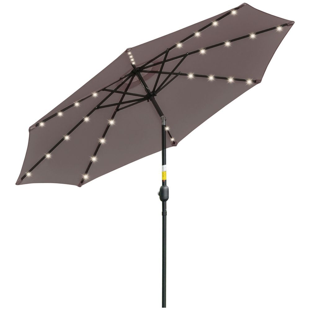 Outsunny chapéu de sol para terraço exterior, ø265 cm, guarda-sol de jardim com 32 luzes led solares, poste de aço e manivela inclinável, para pátio,