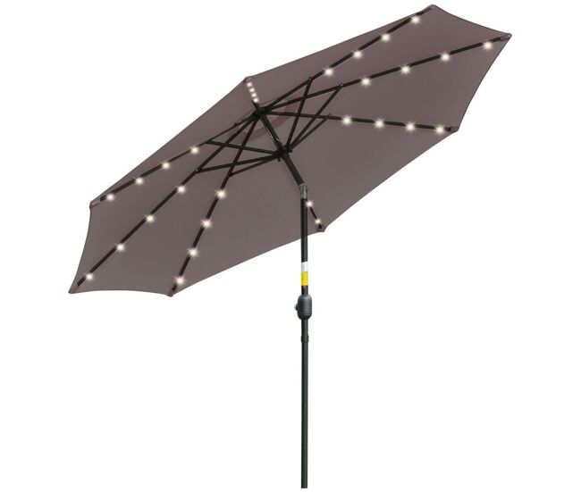 Outsunny chapéu de sol para terraço exterior, ø265 cm, guarda-sol de jardim com 32 luzes led solares, poste de aço e manivela inclinável, para pátio,