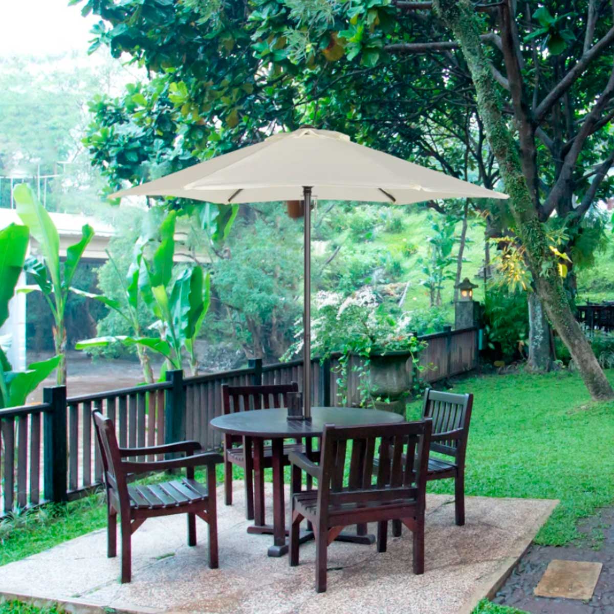 Outsunny chapéu de sol de jardim ø2x2 m chapéu de sol com mastro de alumínio manivela teto com ventilação suporte de fixação e desmontável para terraço pátio exterior bege