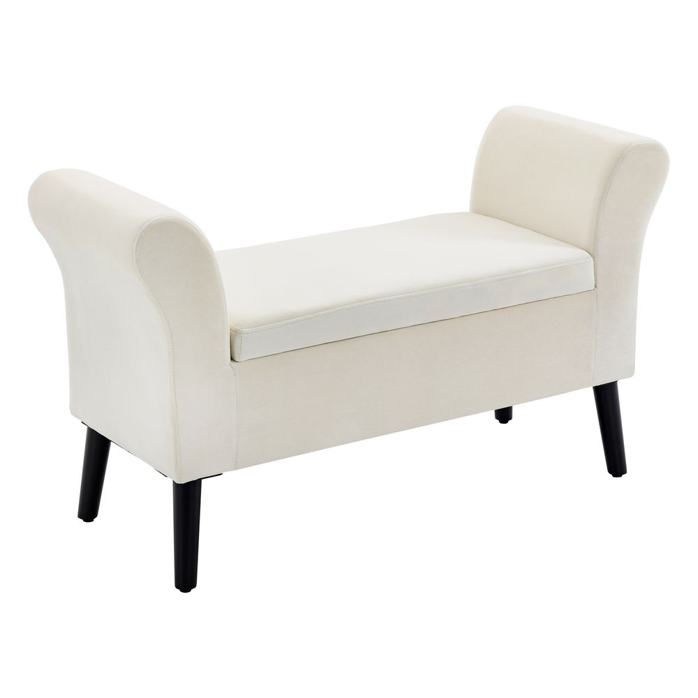 Homcom banco para pé de cama estofado em veludo banco de armazenamento acolchoado com tampa apoio para os braços pés de madeira para dormitório sala de estar 111,5x41x65cm blanc creme