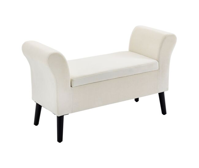 Homcom banco para pé de cama estofado em veludo banco de armazenamento acolchoado com tampa apoio para os braços pés de madeira para dormitório sala de estar 111,5x41x65cm blanc creme