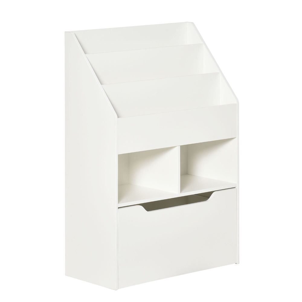 Homcom étagère de madeira para brinquedos com 3 compartimentos 2 cubos e gaveta móvel com 4 rodas étagère para livros infantil para dormitório infantil sala de jogos 60x29,9x90cm blanc