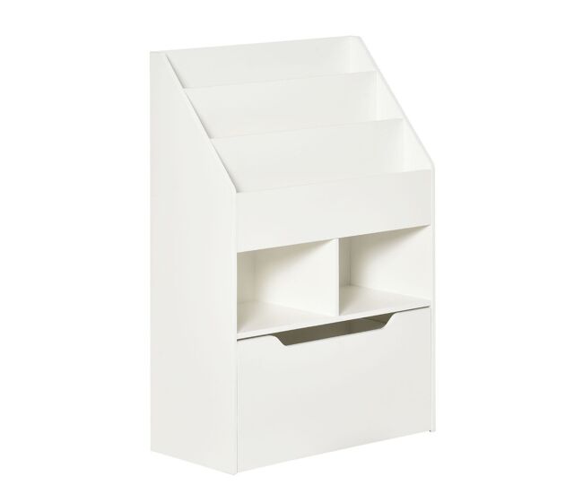 Homcom étagère de madeira para brinquedos com 3 compartimentos 2 cubos e gaveta móvel com 4 rodas étagère para livros infantil para dormitório infantil sala de jogos 60x29,9x90cm blanc