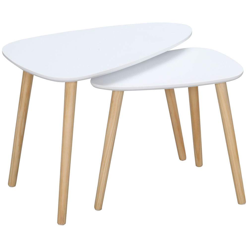 Homcom conjunto de 2 mesas auxiliares com pés de madeira mesas de café para sala de estar dormitório escritório 59,5x39,5x45cm e 44,5x28,5x40cm blanc