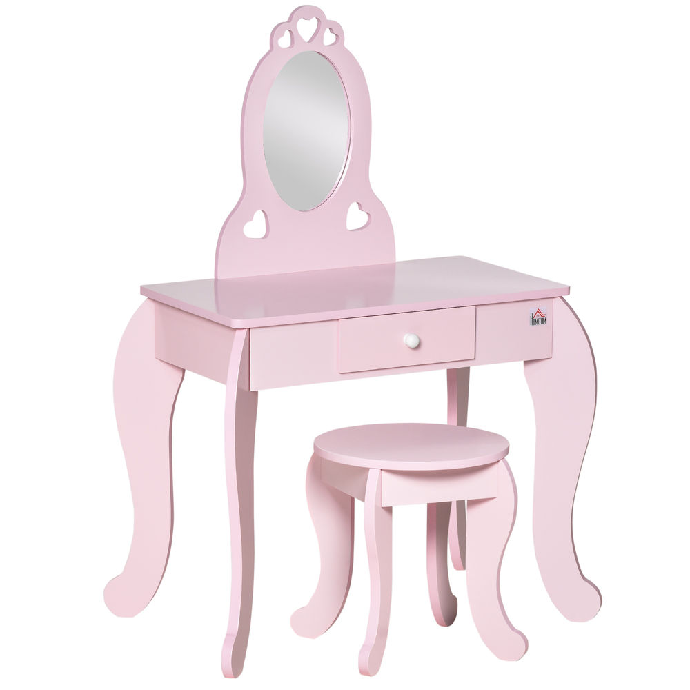 Homcom toucador infantil de madeira para crianças de 3-6 anos com banco e espelho estilo princesa mesa de maquilhagem infantil com gaveta para
