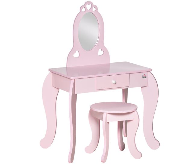Homcom toucador infantil de madeira para crianças de 3-6 anos com banco e espelho estilo princesa mesa de maquilhagem infantil com gaveta para