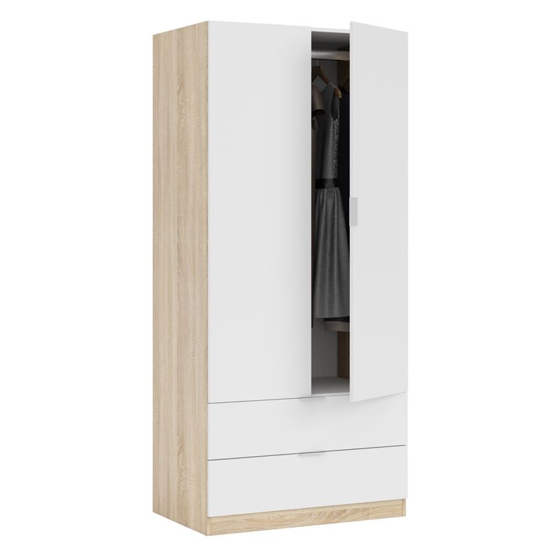 Duehome Roupeiro Low Cost 2 Portas 2 Gavetas Artik White (Branco Mate) - Carvalho Canadiano 81,5(Armario)/75(Cajón) X 180(Armario)/13(Cajón) X 52 (Armario) Madeira