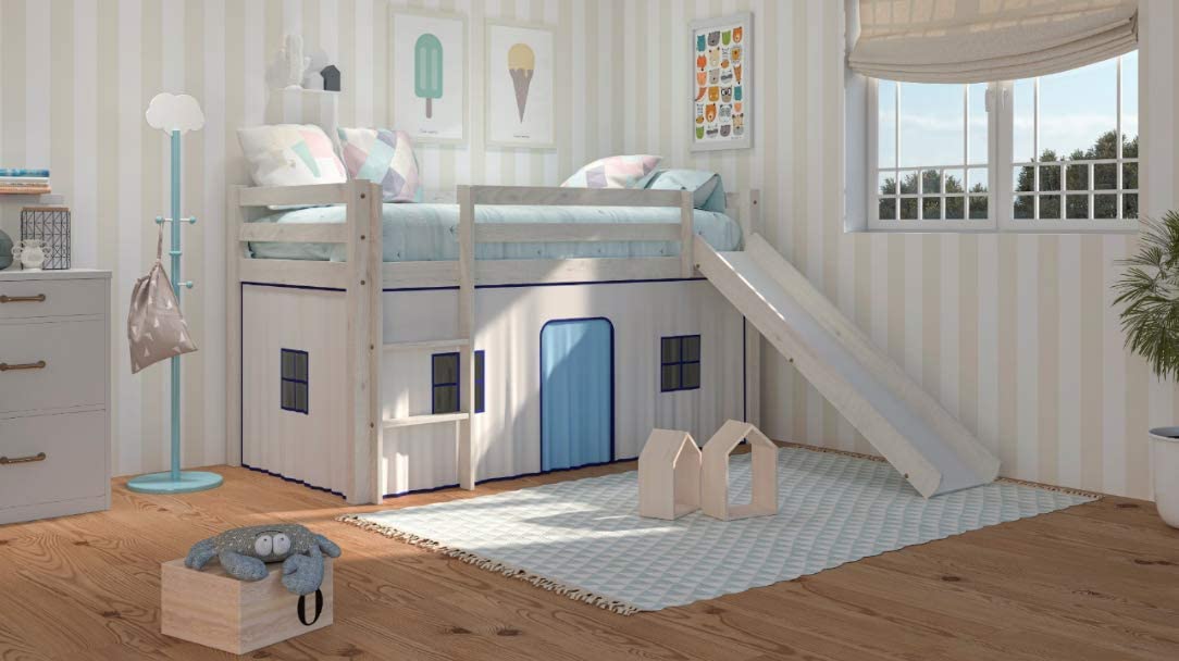 Cama alta para crianças com escorrega e escada em madeira de pinho - venprodin - cor decapé branco