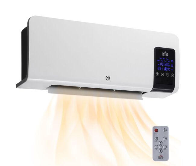 Homcom aquecedor elétrico de parede 1000w/2000w aquecedor com ecrã led controlo remoto termostato temporizador para áreas de 15-20 m² 54,5x12x21,5