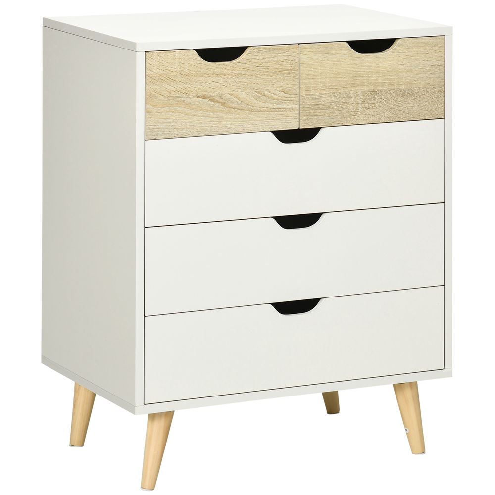 Homcom cómoda com 5 gavetas e pés elevados cómoda para dormitório sala de estar estilo moderno anti-tombo 60x40x77,5cm madeira e blanc