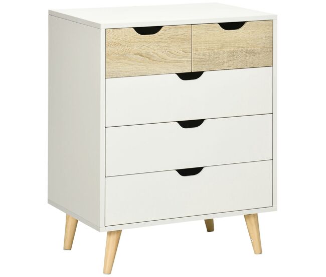 Homcom cómoda com 5 gavetas e pés elevados cómoda para dormitório sala de estar estilo moderno anti-tombo 60x40x77,5cm madeira e blanc