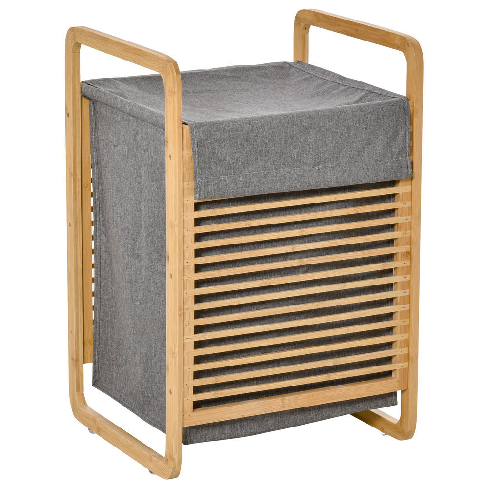 Homcom cesto para roupa suja de bambú cesto retangular de roupa portátil com tampa e bolsa removível móvel de casa de banho dormitório 40x35,5x60,5cm