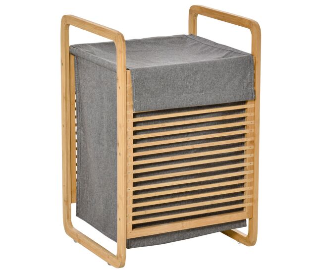 Homcom cesto para roupa suja de bambú cesto retangular de roupa portátil com tampa e bolsa removível móvel de casa de banho dormitório 40x35,5x60,5cm
