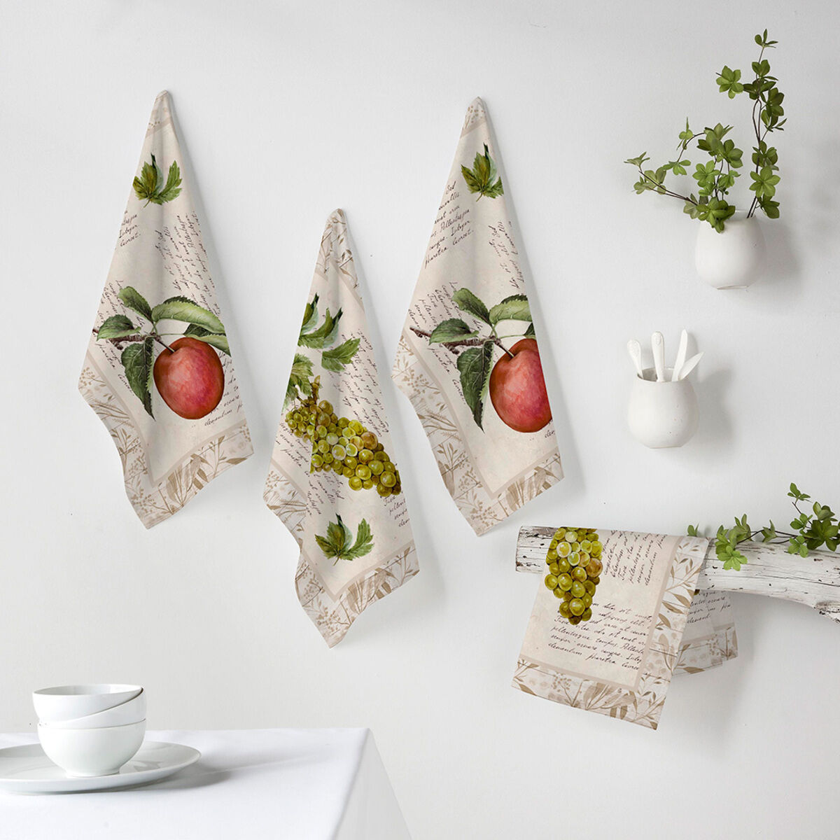 Conjunto de 4 panos de cozinha vintage fruits bege/vermelho 50x70 cm