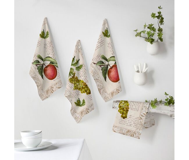 Conjunto de 4 panos de cozinha vintage fruits bege/vermelho 50x70 cm