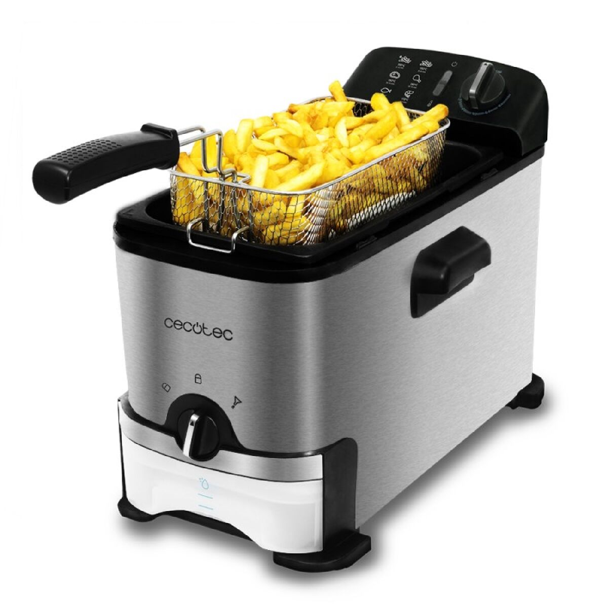 Cecotec fritadeira de 3 litros de capacidade e 2000 w, com sistema integrado de filtração de óleo.