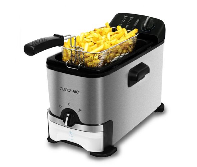 Cecotec fritadeira de 3 litros de capacidade e 2000 w, com sistema integrado de filtração de óleo.