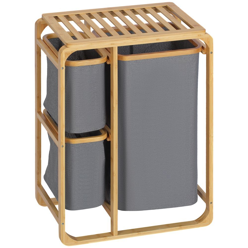 Homcom cesto para roupa suja de bambu cesto de roupa com 3 bolsas de tecido amovíveis e prateleira aberta para casa de banho dormitório 50x32x69,7cm