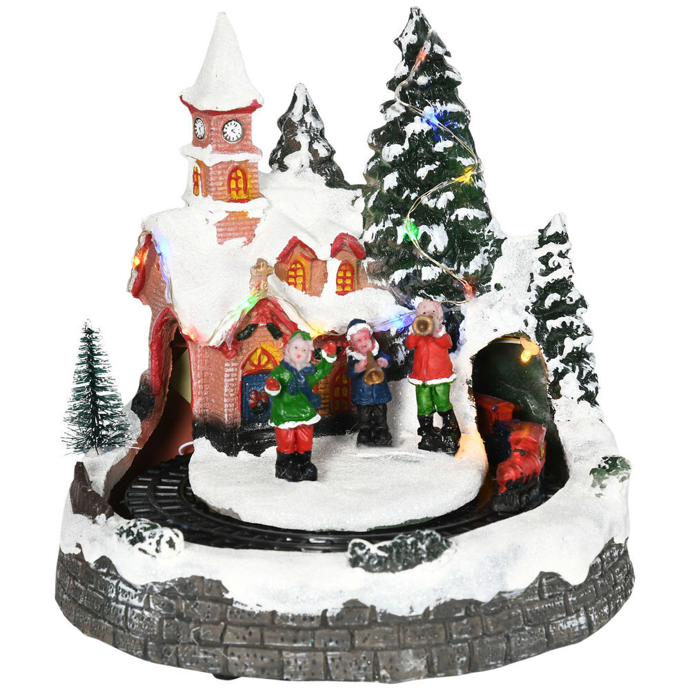 Homcom aldeia de natal cena de decoração natalícia iluminada com luzes led trem giratório e música decoração de natal 20x19,5x20cm multicor