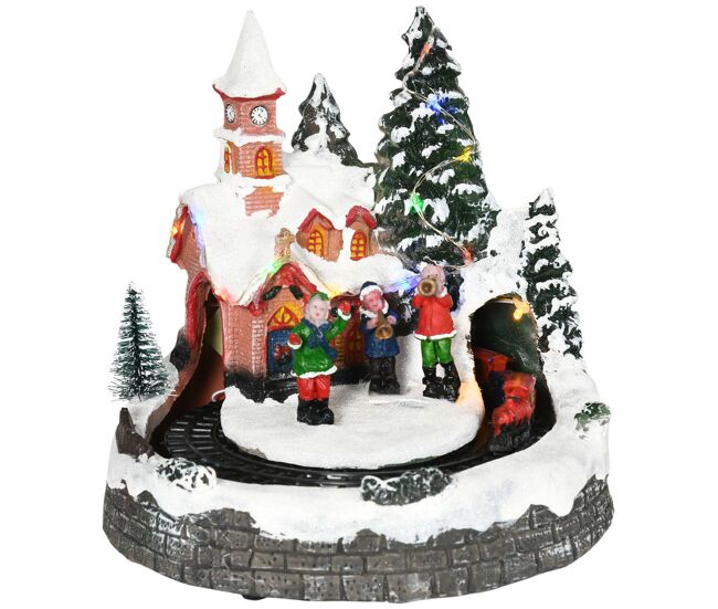 Homcom aldeia de natal cena de decoração natalícia iluminada com luzes led trem giratório e música decoração de natal 20x19,5x20cm multicor
