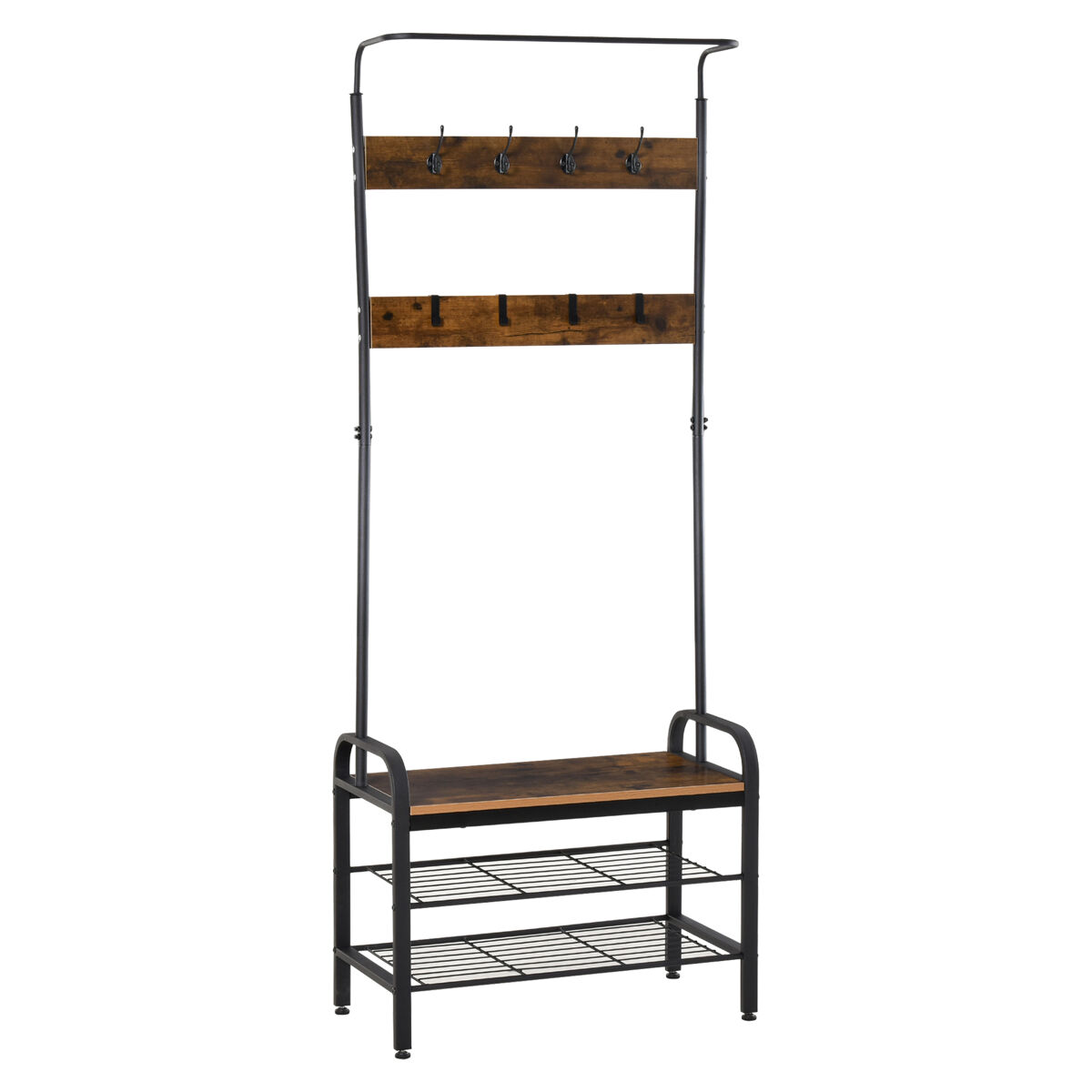 Homcom móvel cabide de entrada com 8 ganchos e sapateira armário de entrada com cabides 72x34x185cm marrom rústico e preto