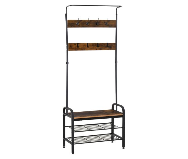 Homcom móvel cabide de entrada com 8 ganchos e sapateira armário de entrada com cabides 72x34x185cm marrom rústico e preto