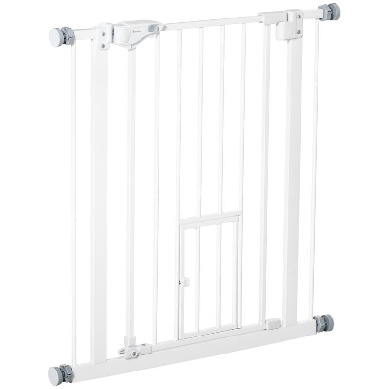 Pawhut barreira de segurança para cães animais de estimação 74-80cm para escadas portas e corredor com porta com fechamento automático e sistema de duplo bloqueio altura 76,2cm blanc