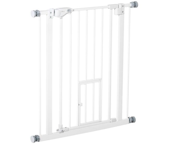 Pawhut barreira de segurança para cães animais de estimação 74-80cm para escadas portas e corredor com porta com fechamento automático e sistema de duplo bloqueio altura 76,2cm blanc