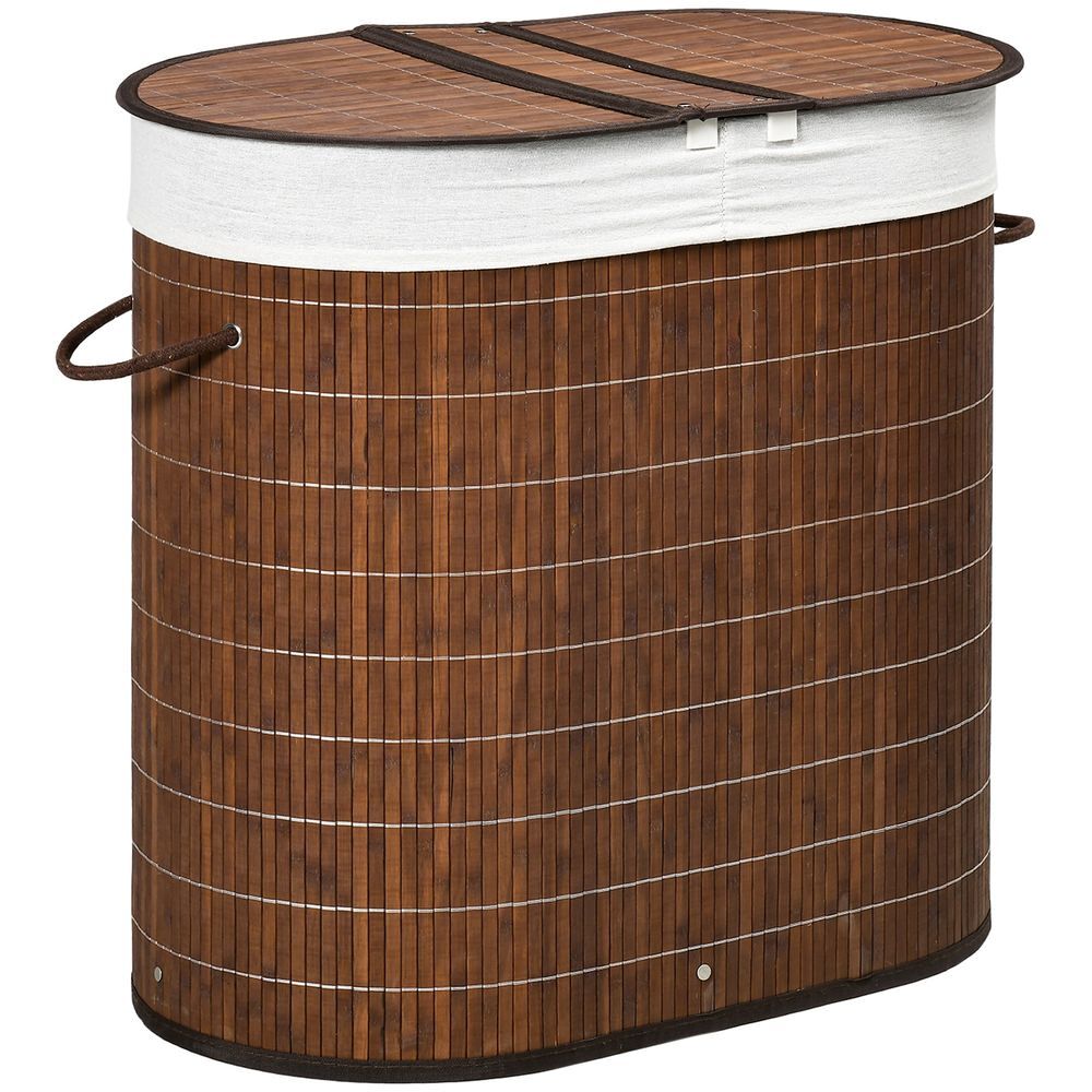 Homcom cesto de roupa de bambu capacidade de 100l cesto para roupa suja com tampa rebatível e bolsa com 2 compartimentos amovível 62,5x37x60,5cm marrom