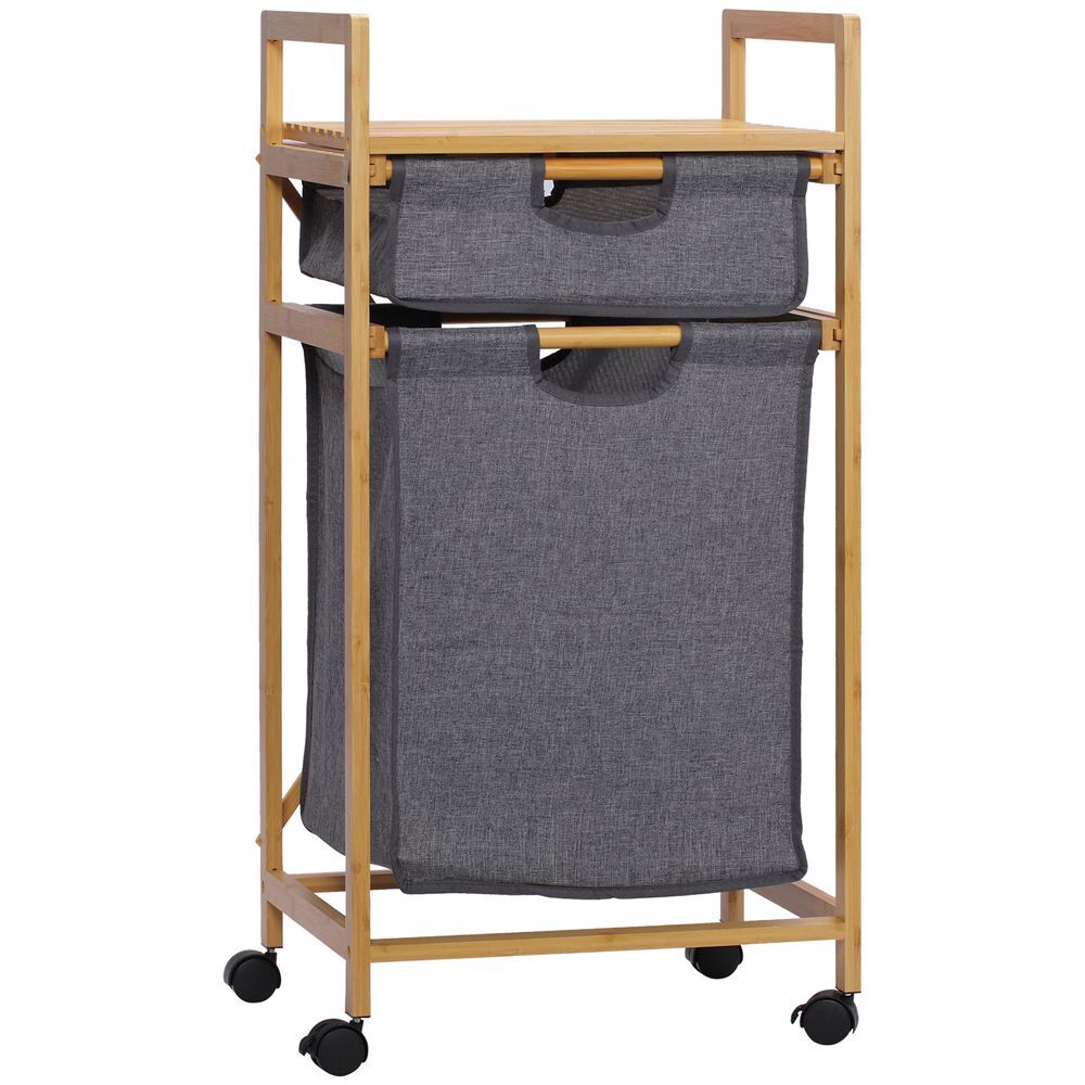 Homcom cesto de roupa suja de bambu cesto de roupa com 2 bolsas de tecido amovíveis prateleira aberta 2 alças laterais 4 rodas 42x35x84,5cm cinza e
