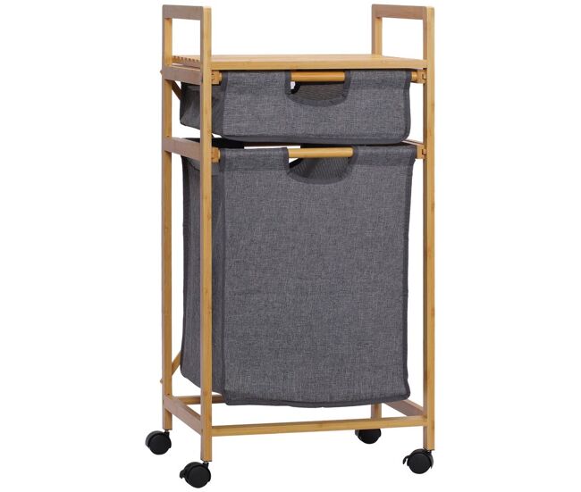 Homcom cesto de roupa suja de bambu cesto de roupa com 2 bolsas de tecido amovíveis prateleira aberta 2 alças laterais 4 rodas 42x35x84,5cm cinza e